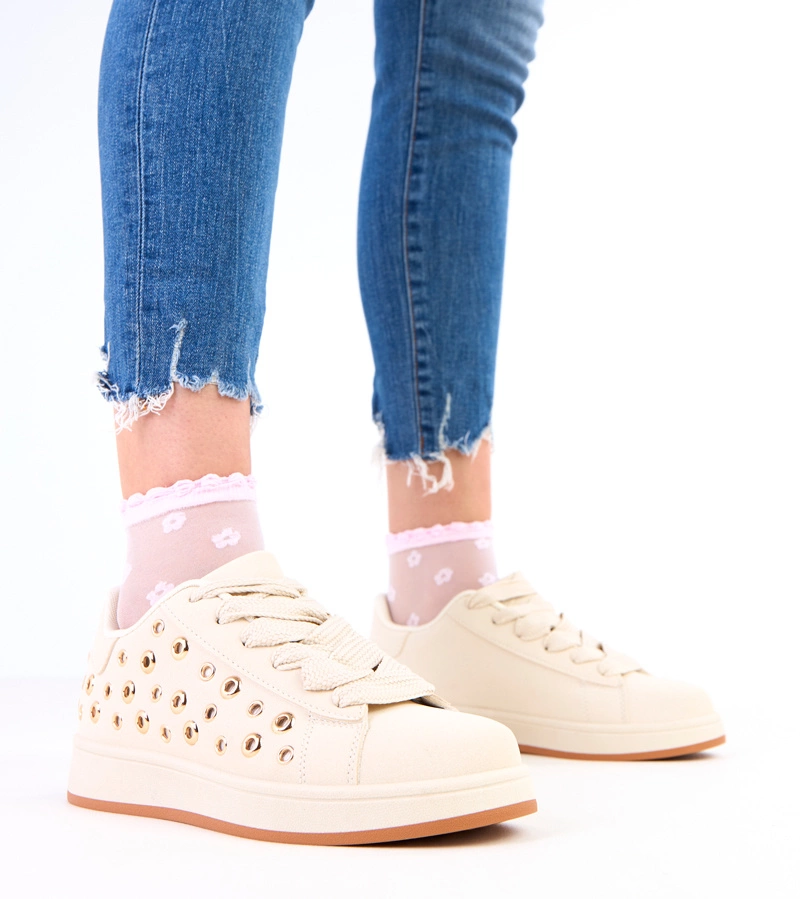 Hers Beżowe sneakersy na platformie z nitami