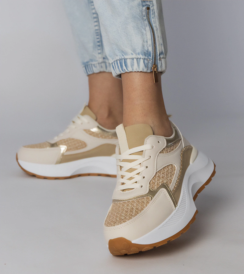 Hers Beżowe sneakersy sportowe z plecioną  wstawką