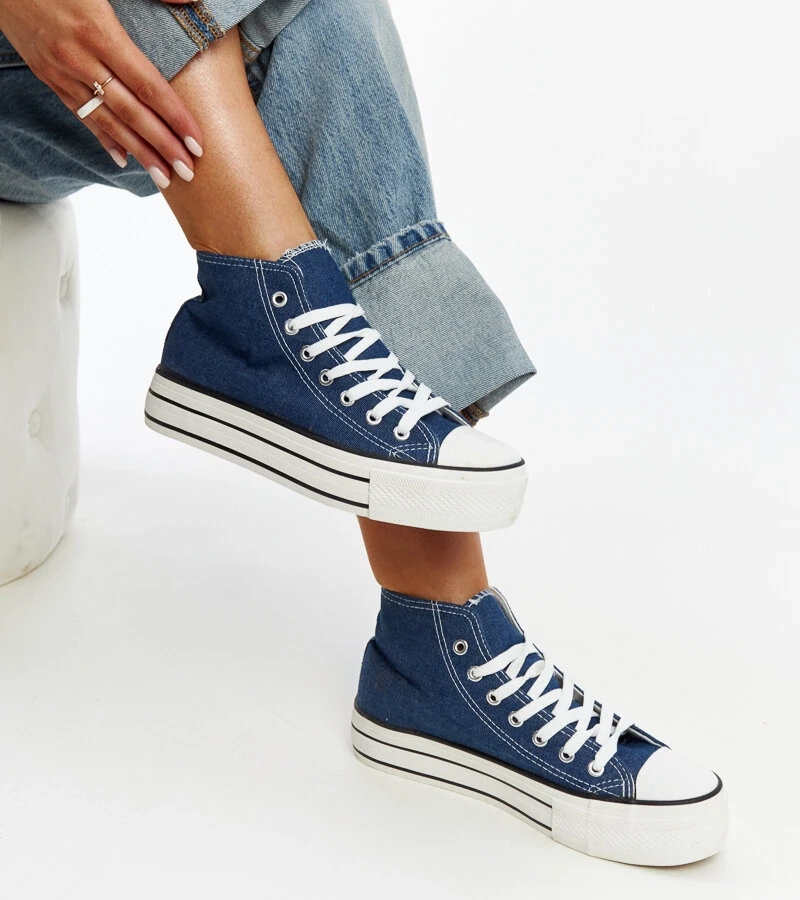 Hers Jeansowe wysokie trampki na grubej podeszwie