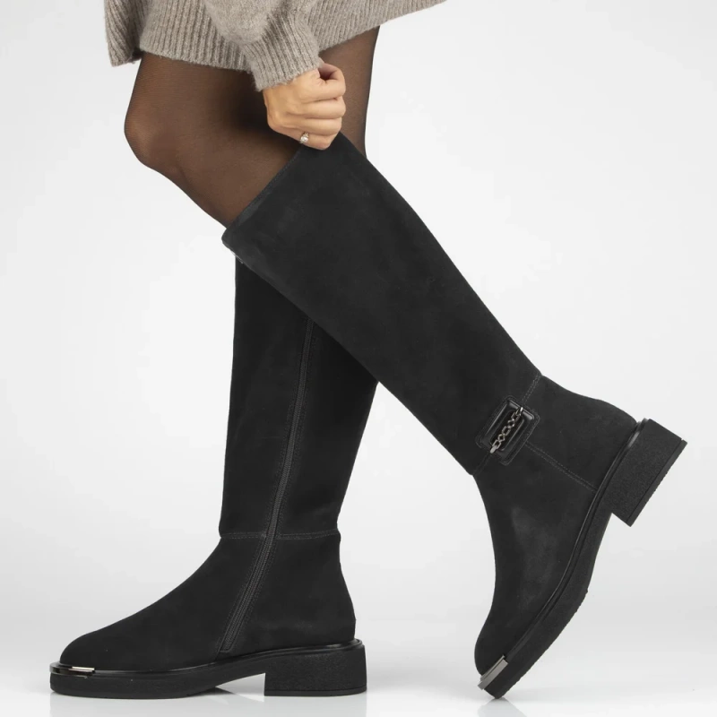 Hers Grafitowe kozaki z naturalnego zamszu z ozdobnym noskiem