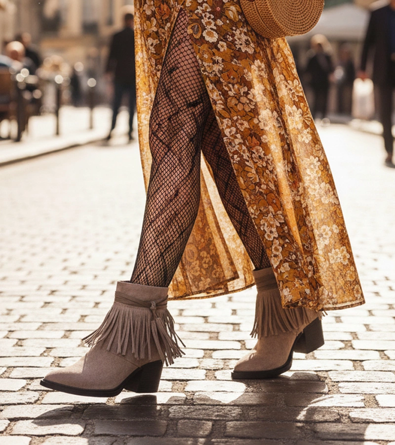 Hers Ciemnobeżowe botki na słupku zdobione frędzlami