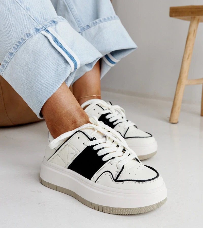 Biało-czarne skórzane sneakersy na grubej podeszwie