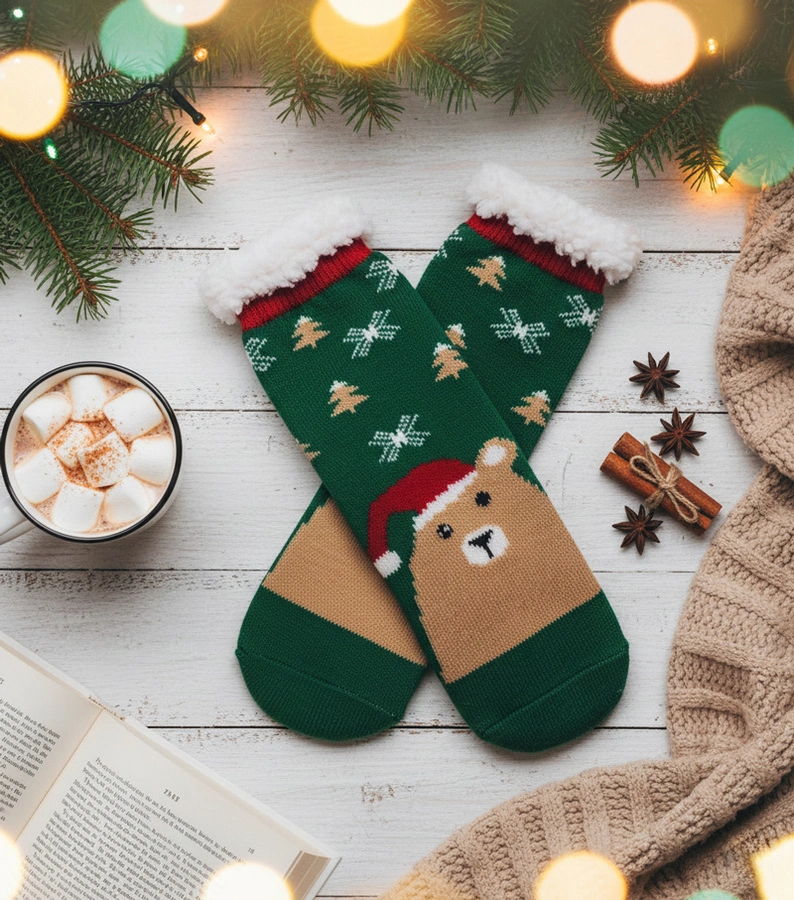 Ocieplane zielone skarpety z misiem