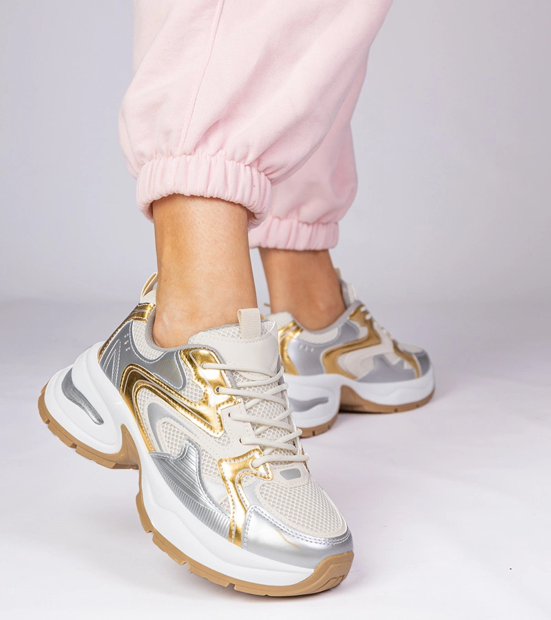 Hers Złote sneakersy sportowe na grubej podeszwie