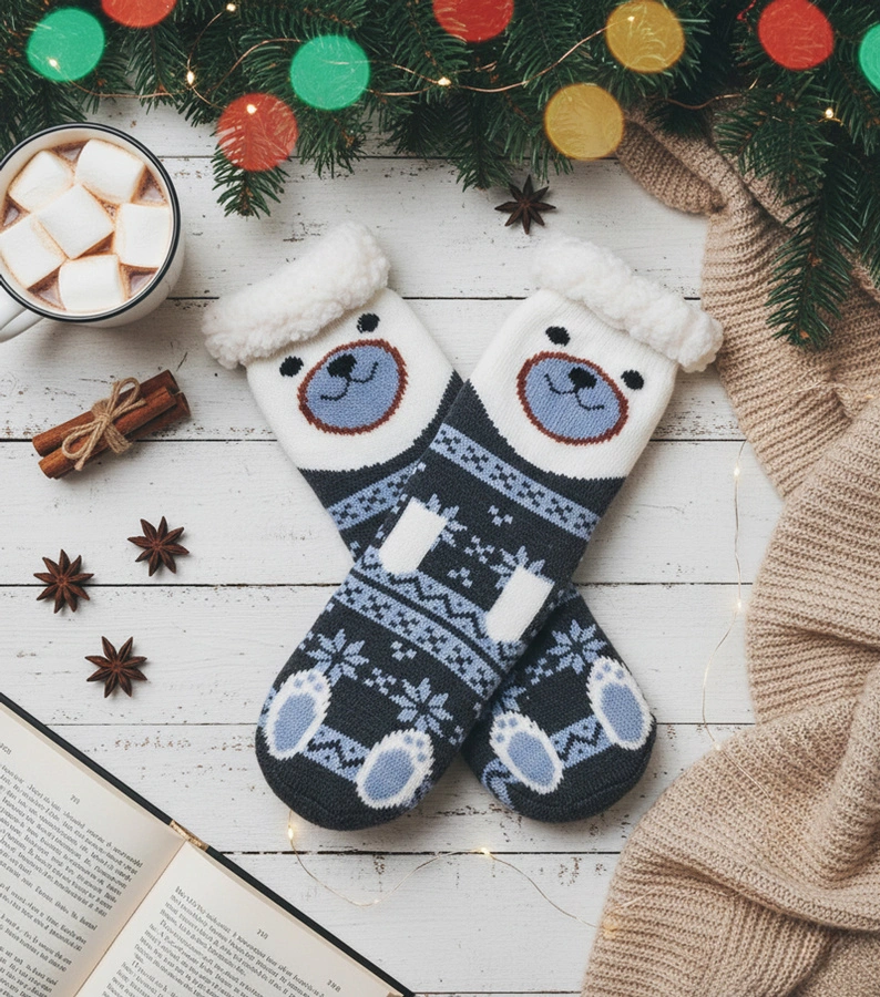 Grafitowe ciepłe skarpetki z misiem