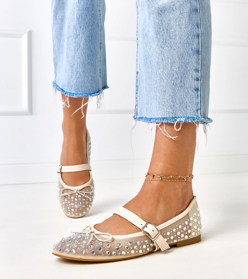 Hers Beżowe balerinki siateczkowe z kryształkami