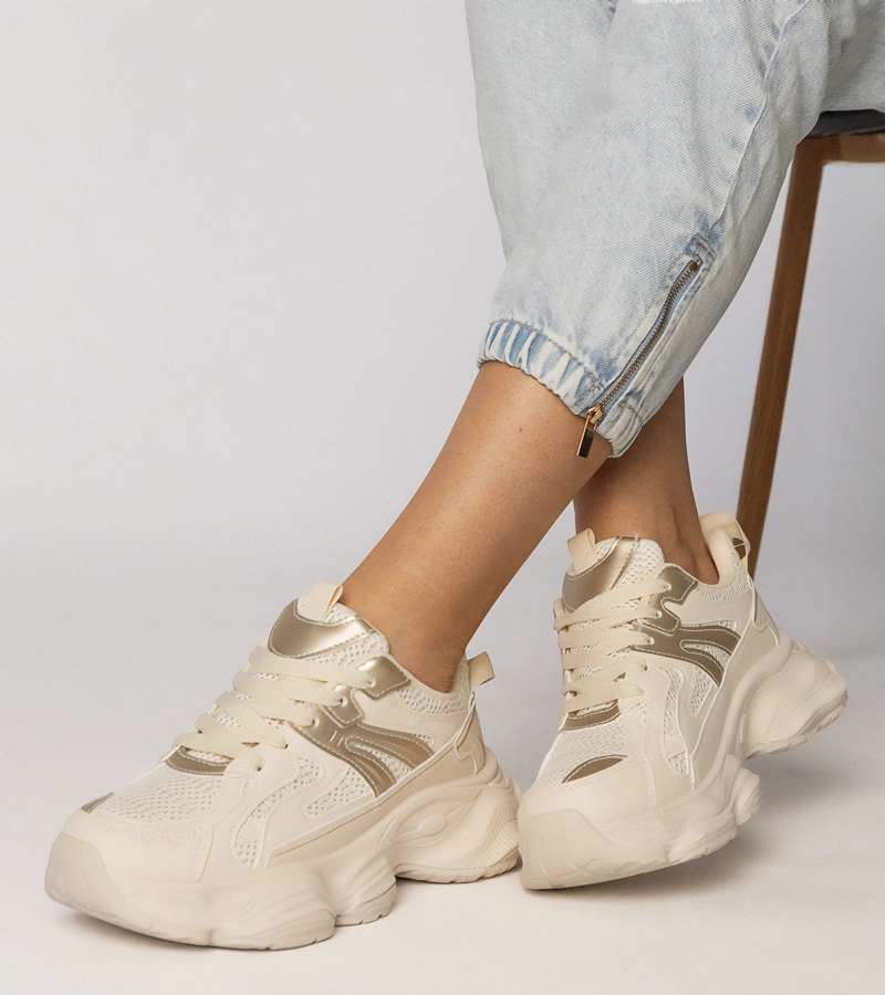 Hers Beżowe sneakersy damskie sportowe ze złotą wstawką