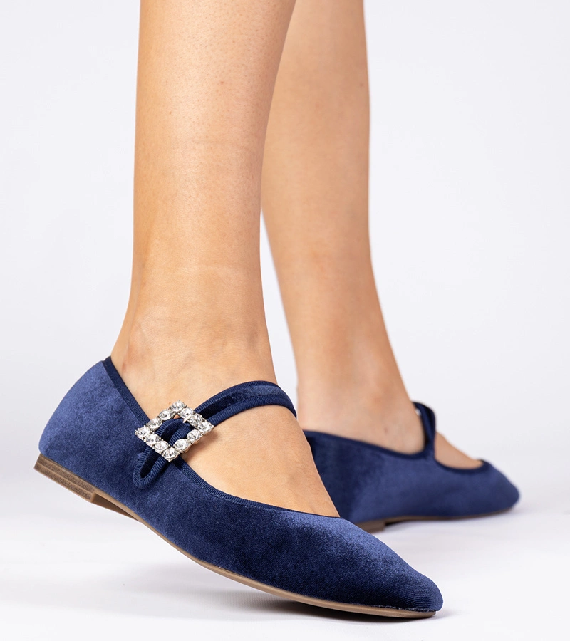 Hers Granatowe damskie balerinki welurowe z klamrą