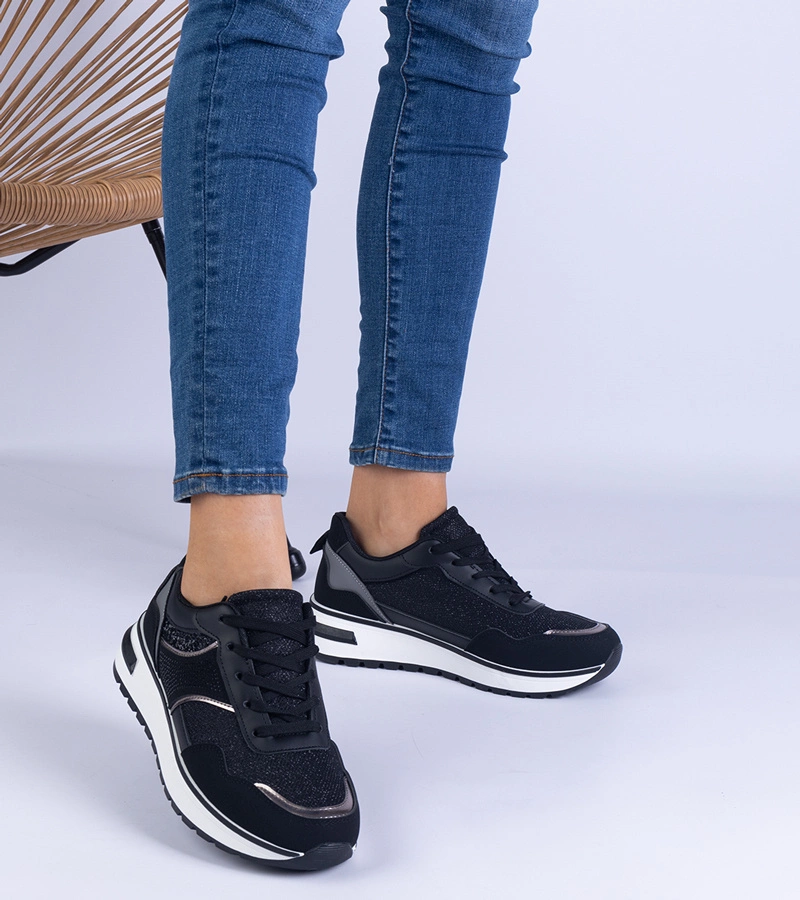 Hers Sneakersy Damskie Czarne z Brokatem i Cyrkoniami