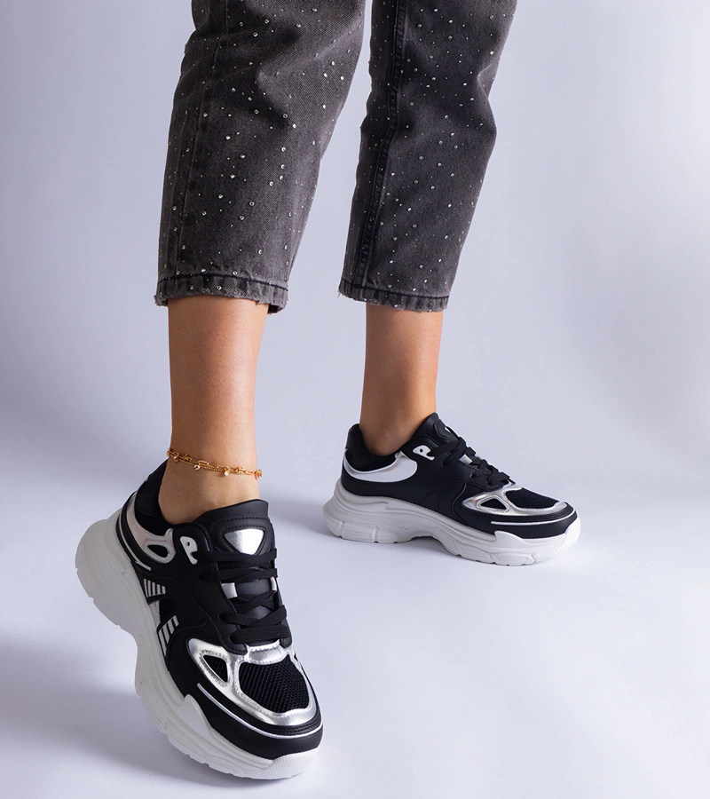 Hers sneakersy damskie czarne ze srebrnymi wstawkami