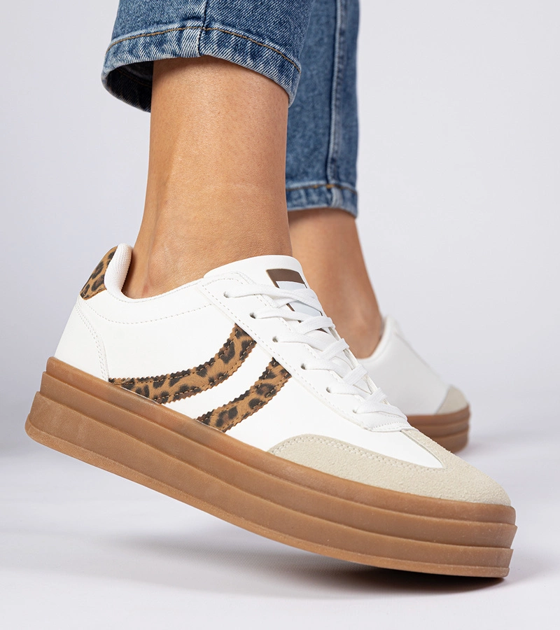 Hers Białe sneakersy trampki damskie z panterkowym dodatkiem