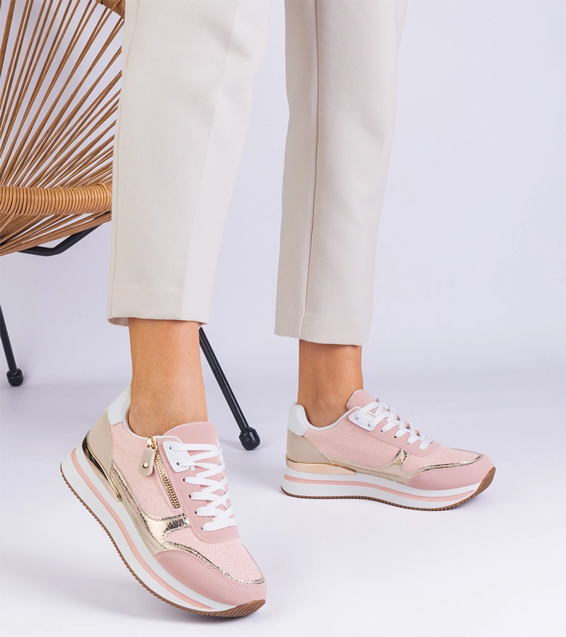 Hers Sneakersy Damskie Różowe na Platformie ze Złotą Wstawką