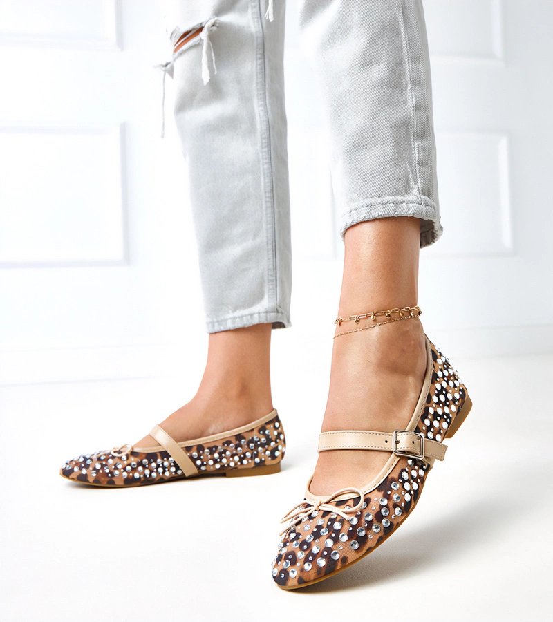 Hers Panterkowe balerinki siateczkowe z kryształkami