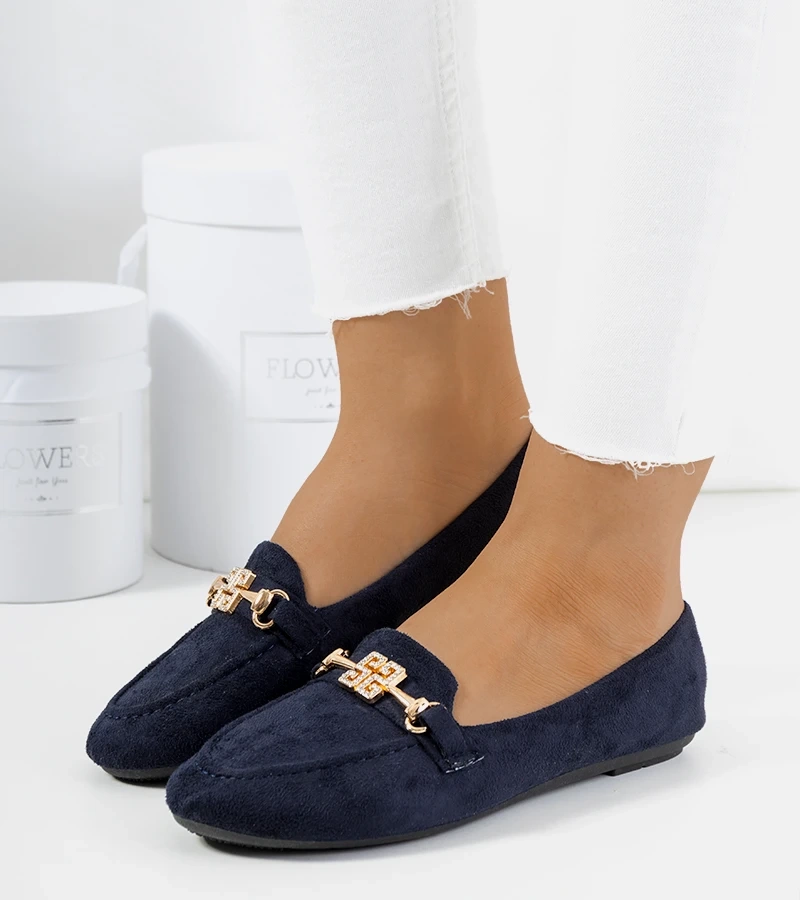 Mokasyny granatowe ze złotą ozdobą