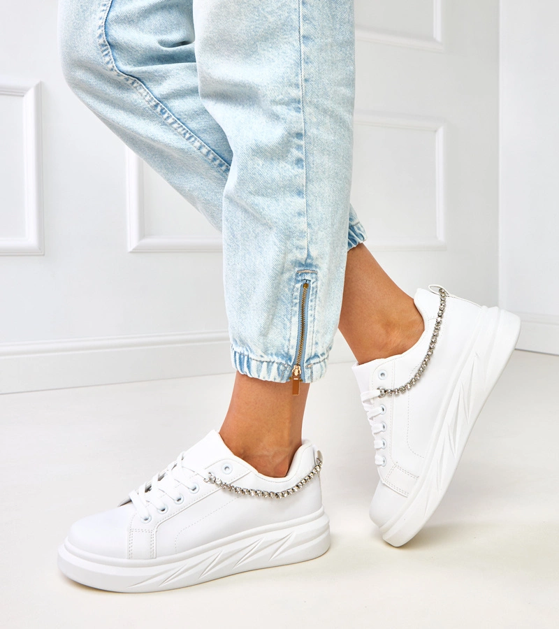 Hers Białe damskie sneakersy na platformie z cyrkoniami