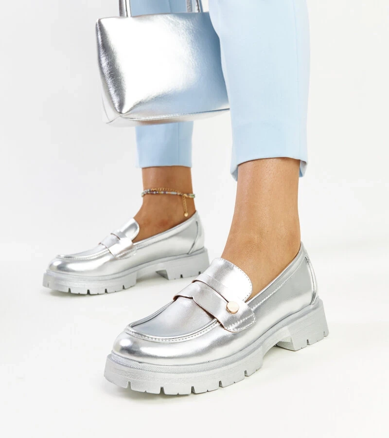 Srebrne mokasyny Eko skórzane