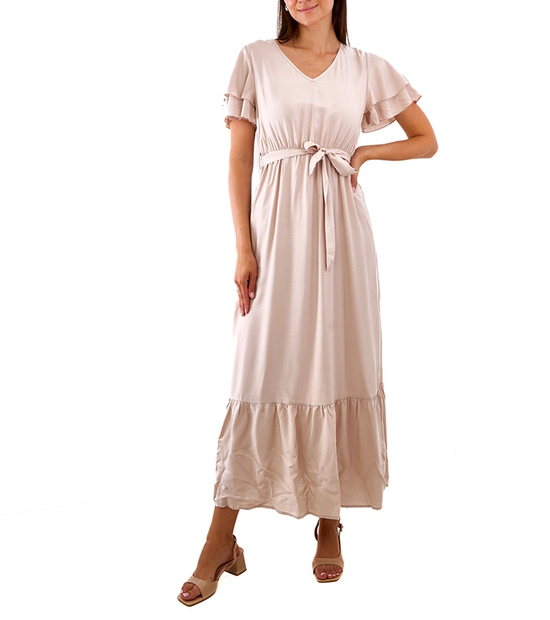 Hers Beżowa sukienka maxi z krótkim rękawem