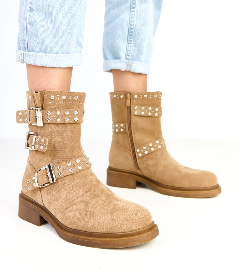 Hers Brązowe damskie botki z cyrkonami