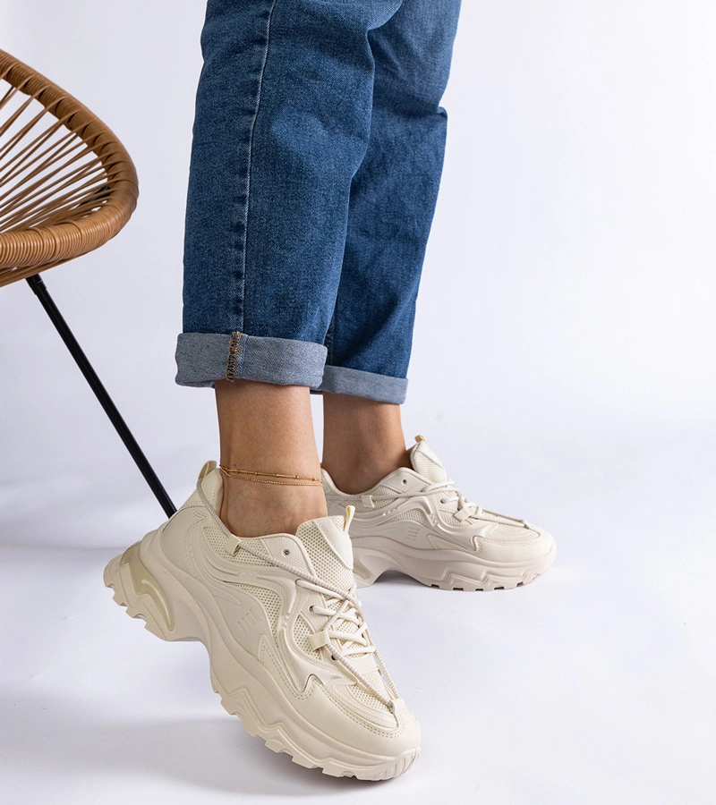 Hers Sneakersy Damskie Beżowe Sportowe z Cechami Szczególnymi