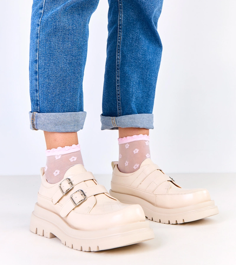 Hers Beżowe półbuty na masywnej podeszwie zdobione klamrami