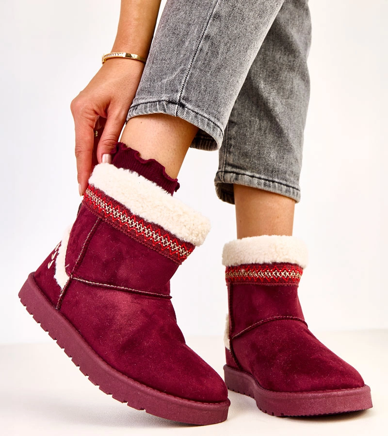 Hers Bordowe niskie śniegowce zdobione haftem