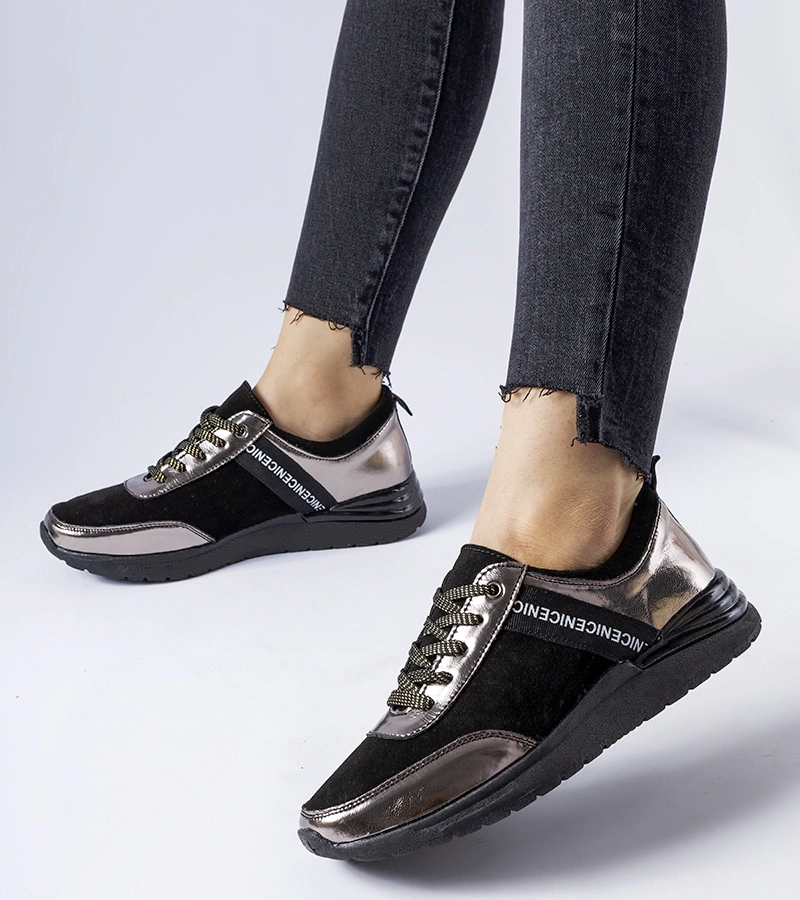 Czarno-szare skórzane sneakersy na koturnie