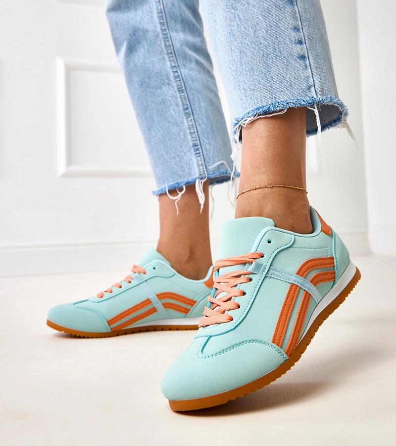 Hers niebieskie sneakersy damskie sportowe z pomarańczowymi paskami