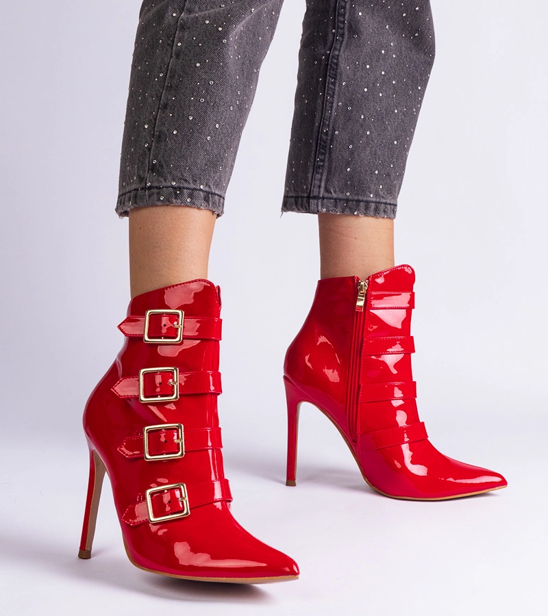 Hers Botki na Szpilce Damskie Czerwone Lakierowane