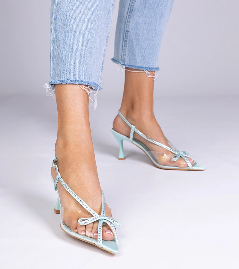 Hers Zielone przezroczyste sandały na szpilce z cyrkoniami