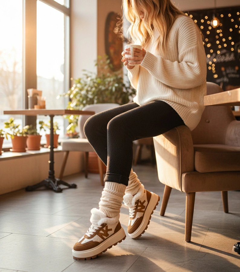 Hers Brązowe sneakersy ocieplane z futerkiem