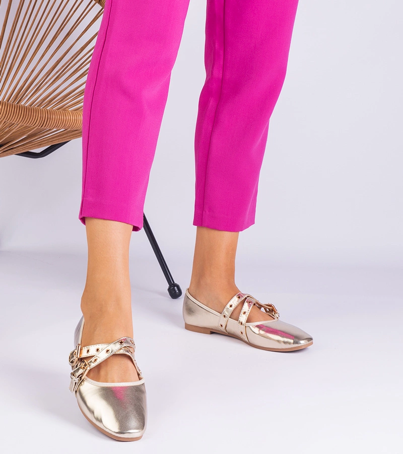 Hers baleriny damskie złote z ekoskóry z klamrami