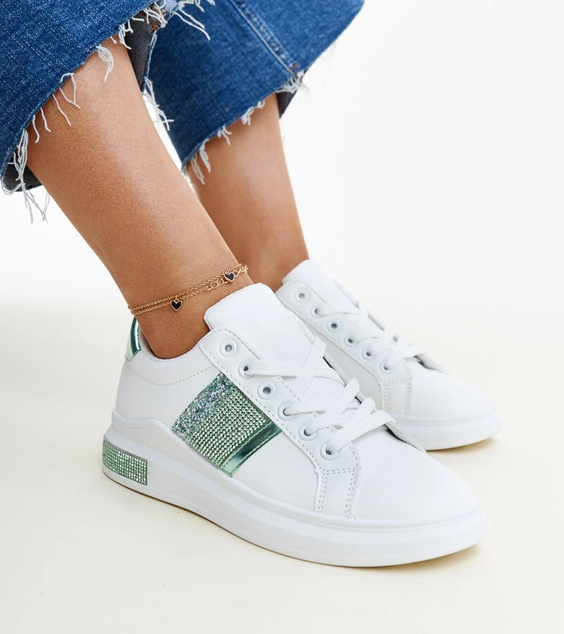 Biało-zielone sneakersy z cyrkoniami