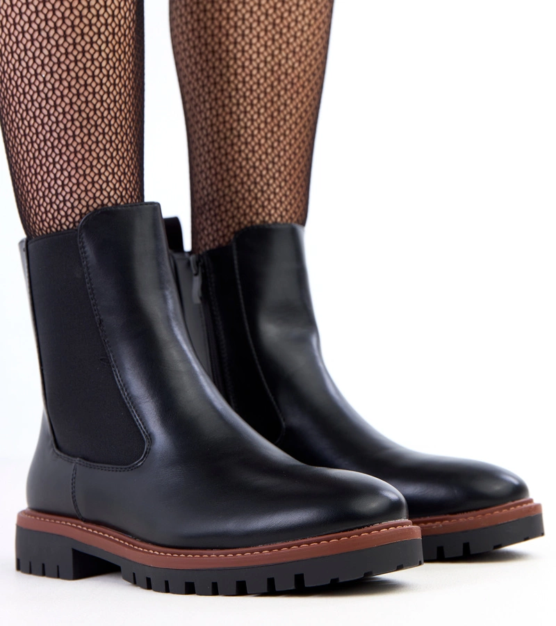 Hers Czarne botki na płaskiej podeszwie z elastyczną wstawką