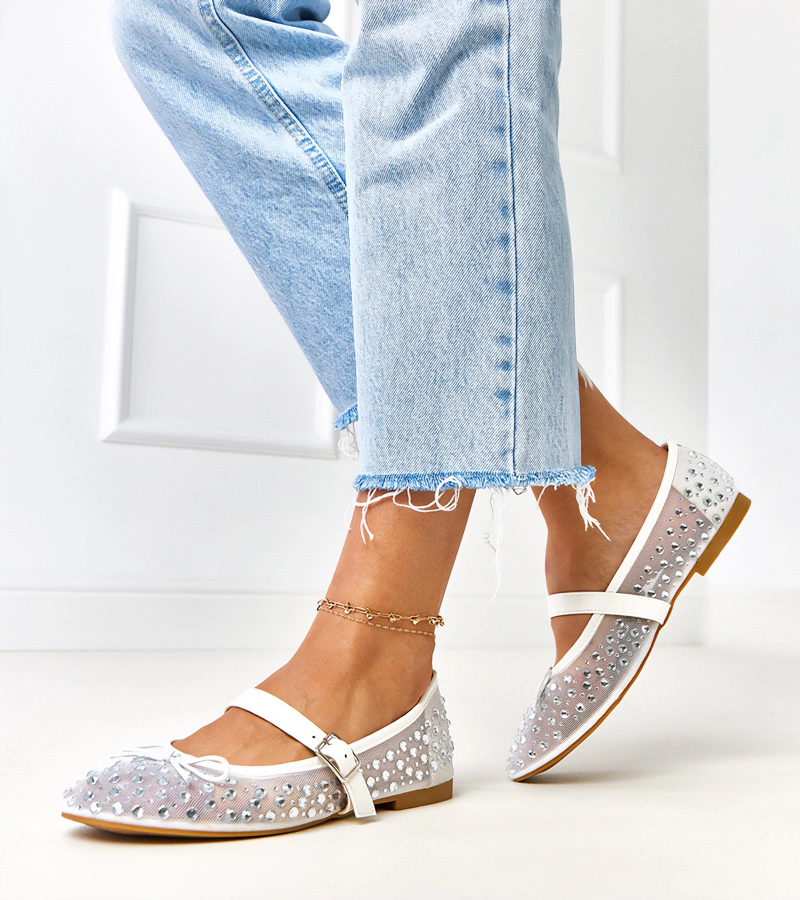 Hers Białe balerinki siateczkowe z kryształkami