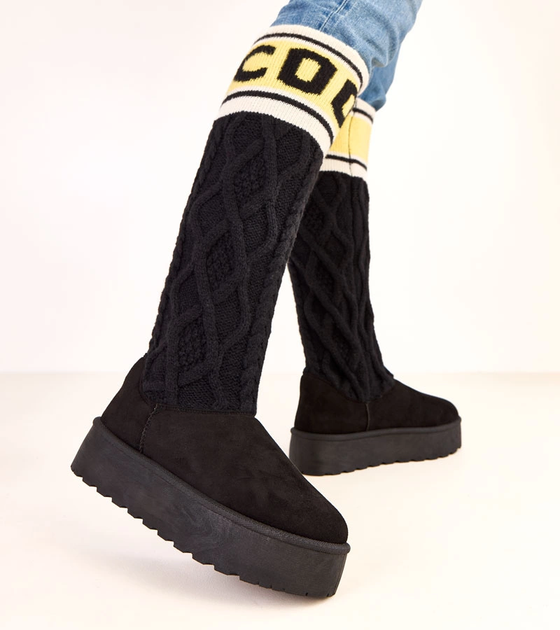 Hers Czarne śniegowce na platformie z wysoką cholewką