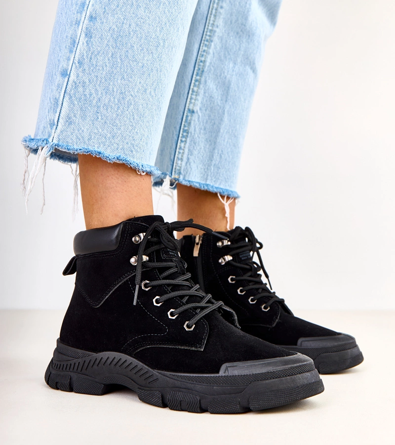 Hers Czarne traperki damskie ekozamszowe