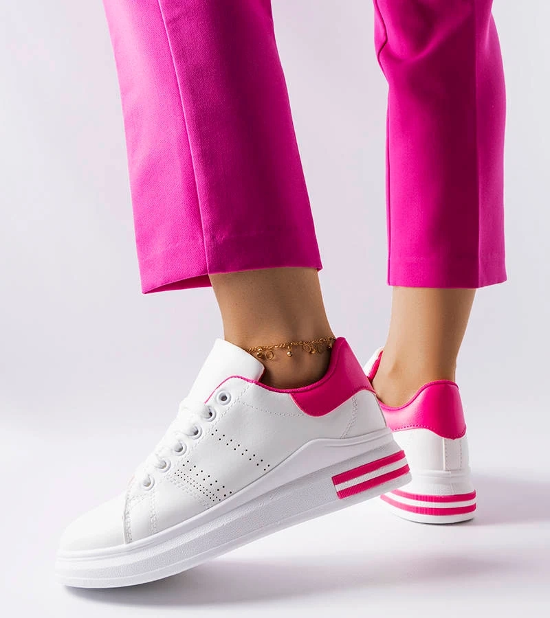 Biało-różowe sznurowane sneakersy na podwyższonej podeszwie