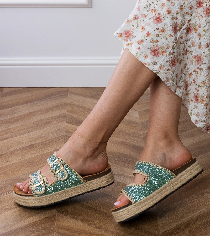 Hers Zielone klapki espadryle brokatowe z klamerkami