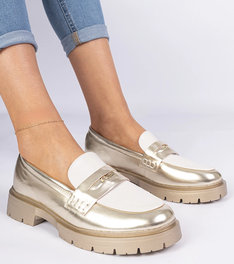 Hers Złote mokasyny damskie z białą wstawką