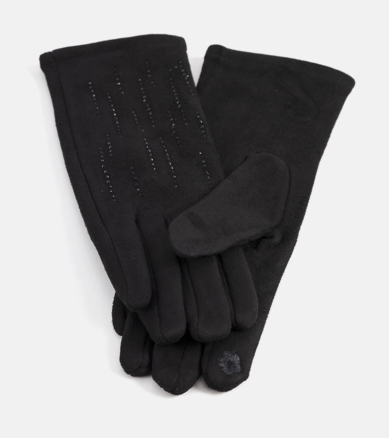 Czarne ocieplane rękawiczki z cyrkoniami