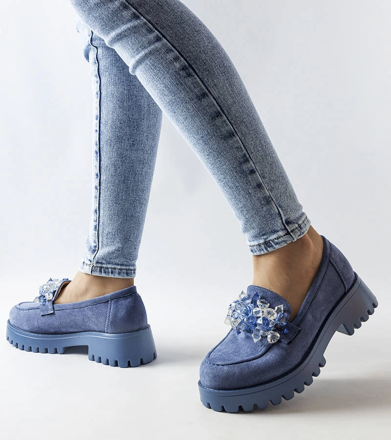 Niebieski półbuty z kryształkami eko zamsz