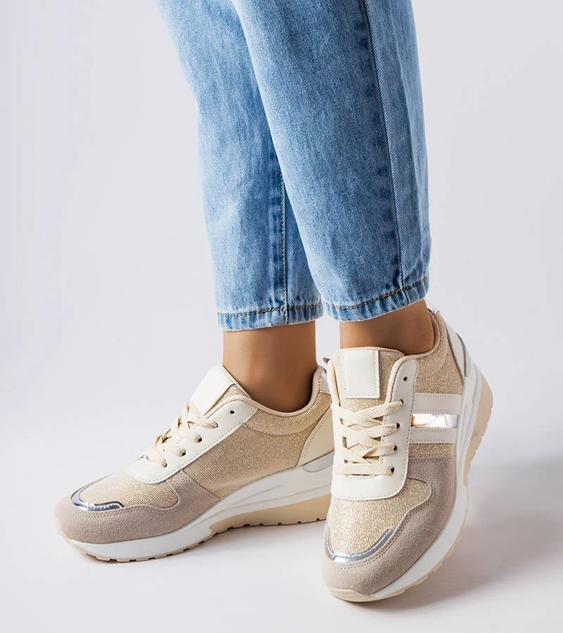 Beżowo-Srebrne sneakersy na koturnie
