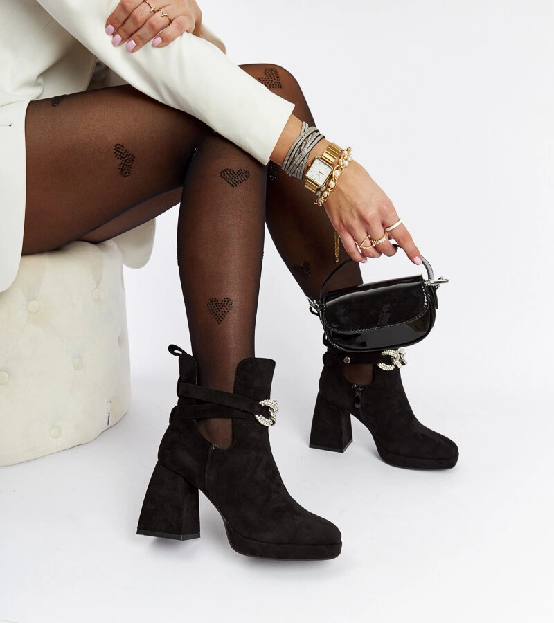 Hers Czarne botki zdobione cyrkoniami