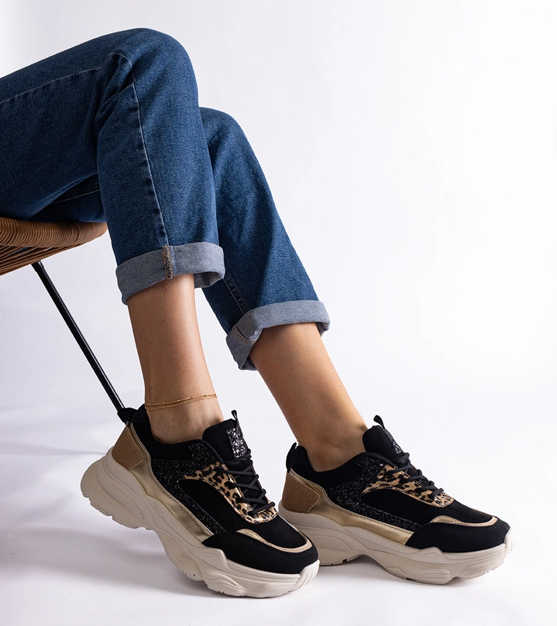 Hers sneakersy damskie czarne z brokatowymi wstawkami