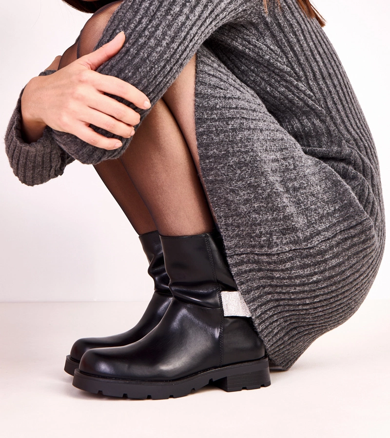 Hers Czarne botki damskie z cyrkoniową ozdobą