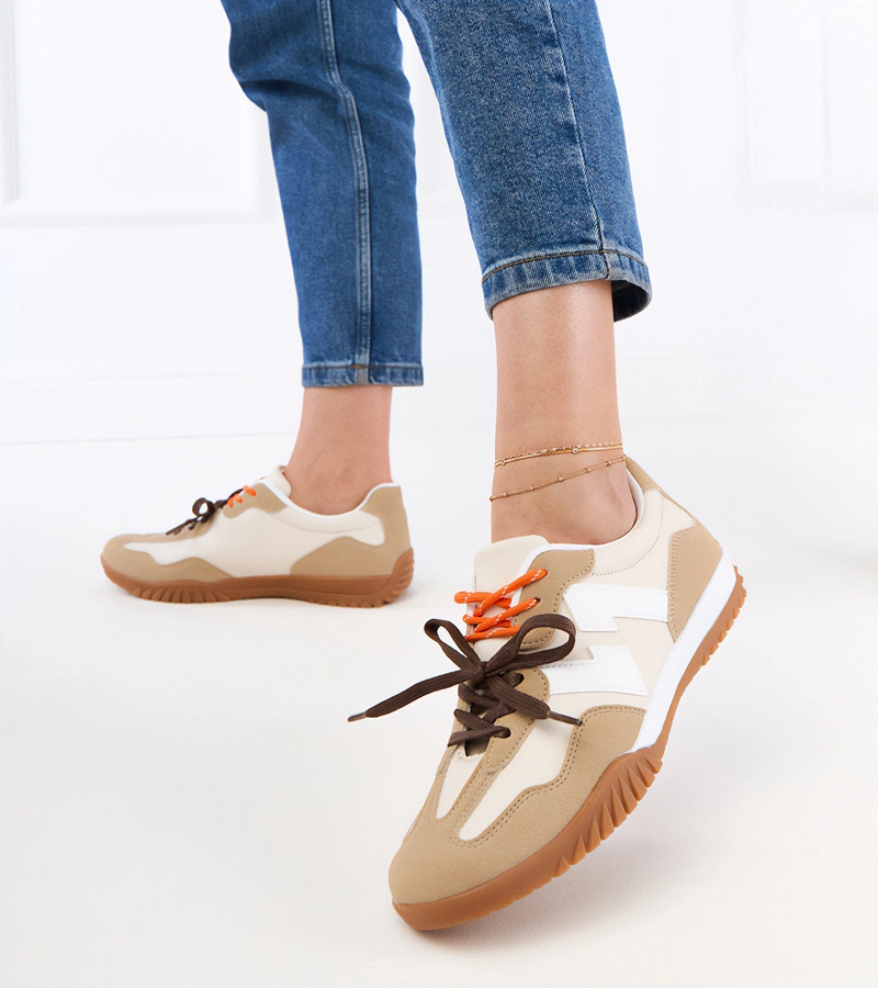 Hers Beżowe sneakersy trampki z kolorowymi sznurówkami