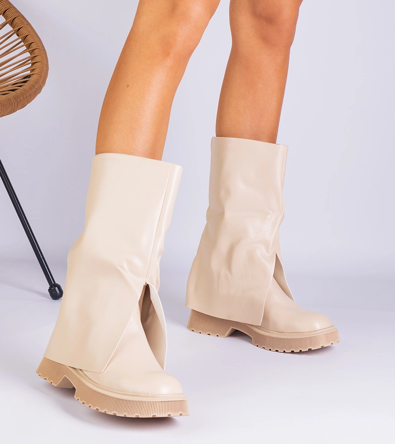 Hers botki damskie beżowe z wywiniętą cholewką płaskie