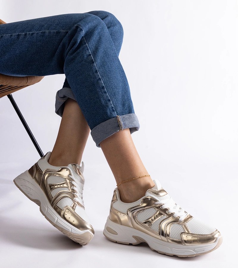 Hers Sneakersy Damskie Biało-Złote Sportowe z Cechami Szczególnymi