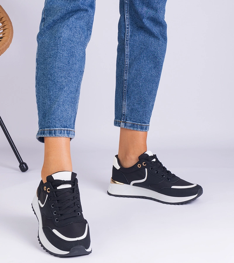 Hers Sneakersy Damskie Czarne ze Złotą Wstawką