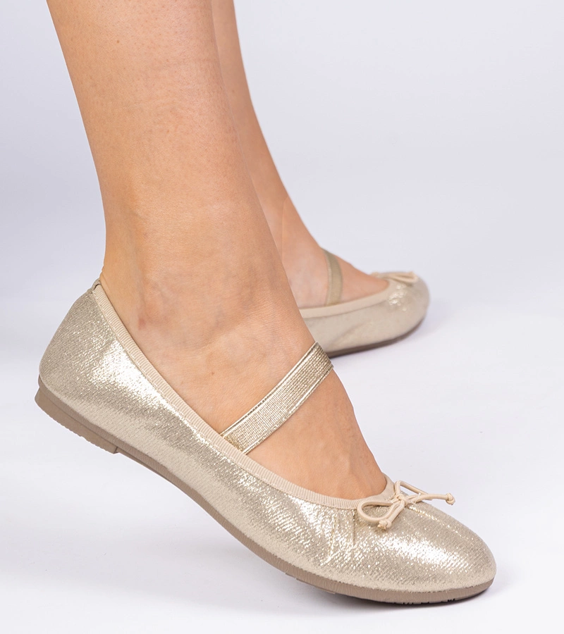 Hers Złote damskie balerinki z kokardką na gumce